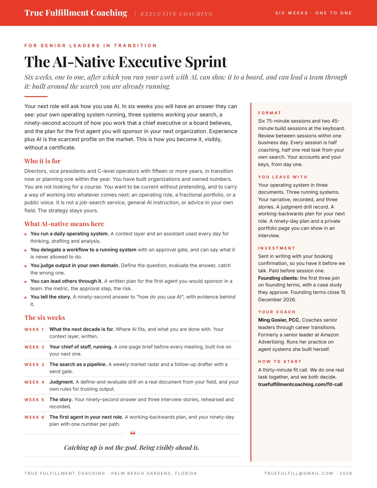 The AI-Native Executive Sprint one-pager: who it is for, what AI-native means here, the six weeks, format, investment and how to start