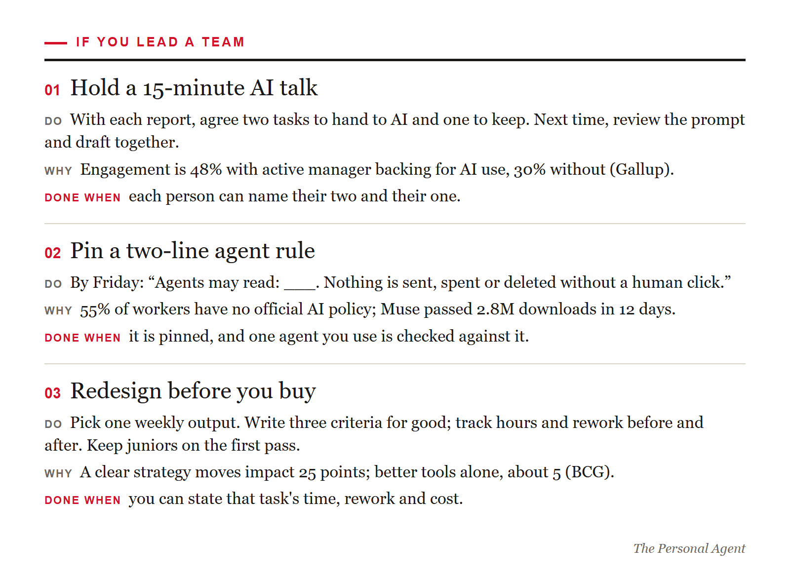 If you lead a team: hold a 15-minute AI talk with each report; pin a two-line agent rule; redesign one workflow before you buy a tool. Each with do, why and done when.