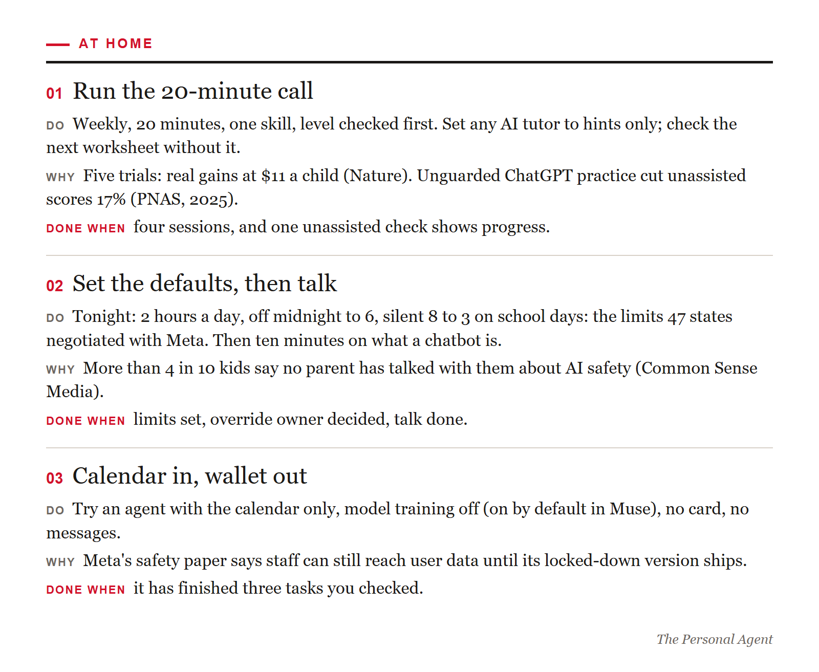 At home: run the 20-minute call; set the phone defaults, then talk; calendar in, wallet out. Each with do, why and done when.