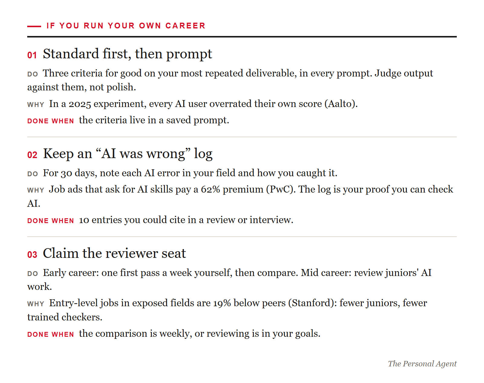 If you run your own career: set the standard before you prompt; keep an AI was wrong log; claim the reviewer seat. Each with do, why and done when.