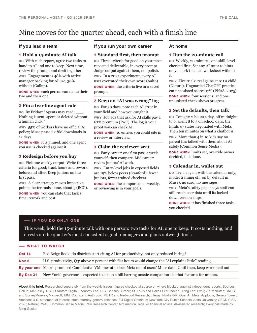 Page 3: nine moves, each with a finish line, for leading a team, running your own career, and home, plus what to watch.